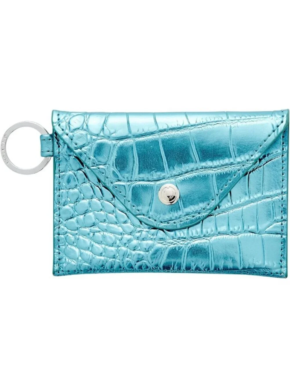 Light Blue Metallic Leather Keychain Wallet | Stylish Card Case & Hands-Free